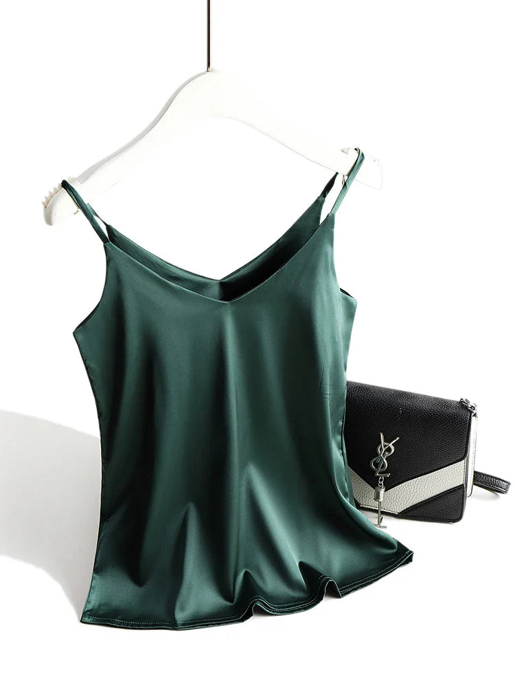 AOSSVIAO 2026 Spaghetti Strap Top Women Halter V Neck Basic White Cami Sleeveless Satin Silk Tank Tops Women'S Summer Camisole
