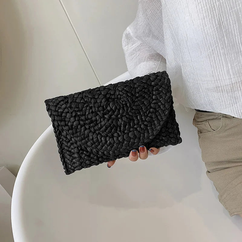 Women Fashion Flap Envelope Bags Summer Beach Bag Handmade Wallet Straw Knitted Handbag Lady Coin Phone Long Purse Clutches