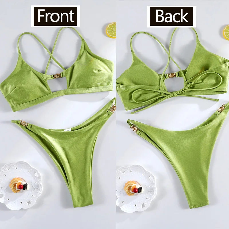 Miyouj Bandage Swimwear Summer Swimsuit High Cut Bikini Set Solid Sexy 2-Piece Suit New Bathsuit Hollow Out Thongs Beachwear