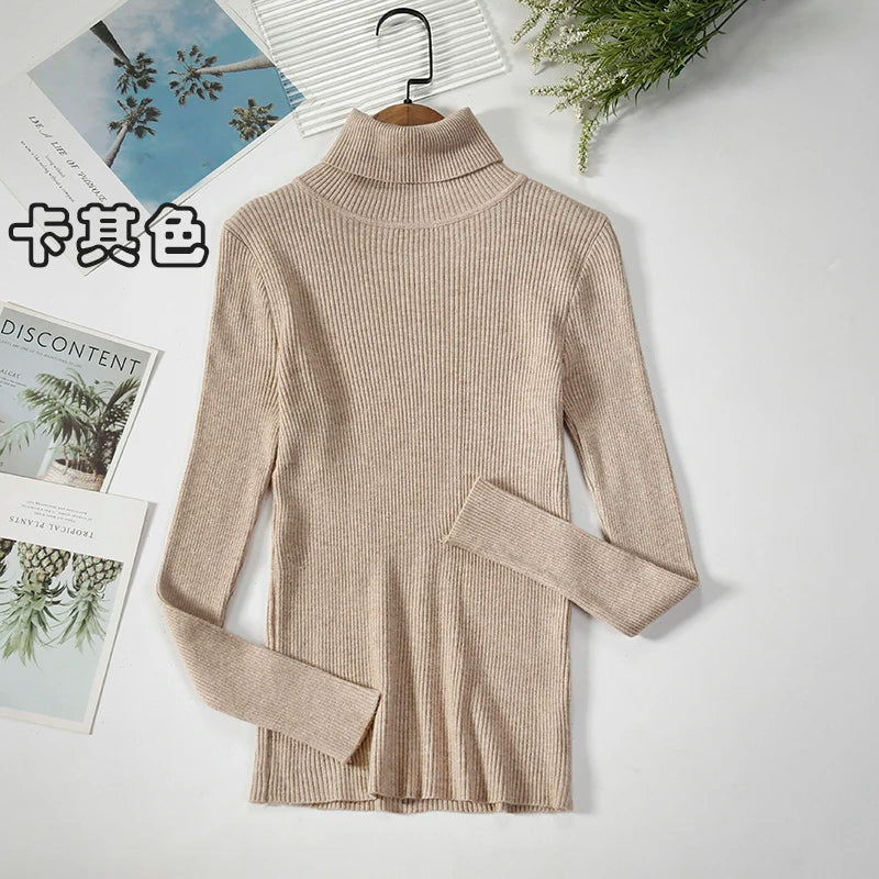 2026 Simple Women Turtleneck Sweater Winter Fashion Pullover Elastic Knit Ladies Jumper Casual Solid Black Female Basic Tops