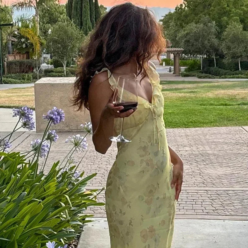Retro V Neck Dresses Yellow Sleeveless Flower Print  Maxi Long Dress Elegant High Waist Female Holiday Party Vestidos