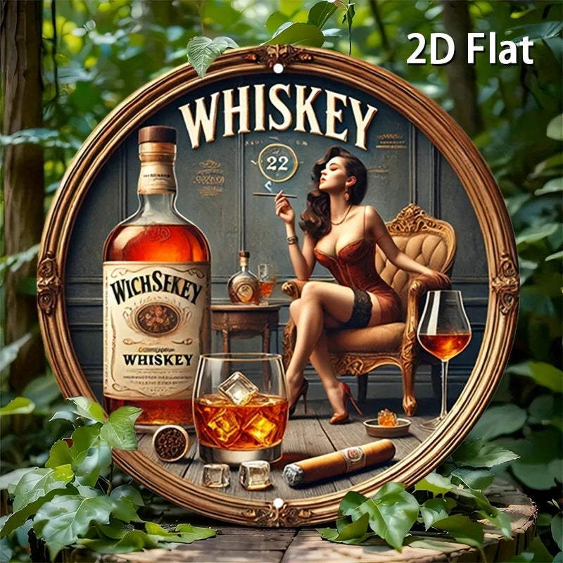 1pc Vintage Whiskey-Themed Round Metal Sign - Female Whiskey Lady & James Bond-Inspired Logo Design, Scotch & Bourbon Art