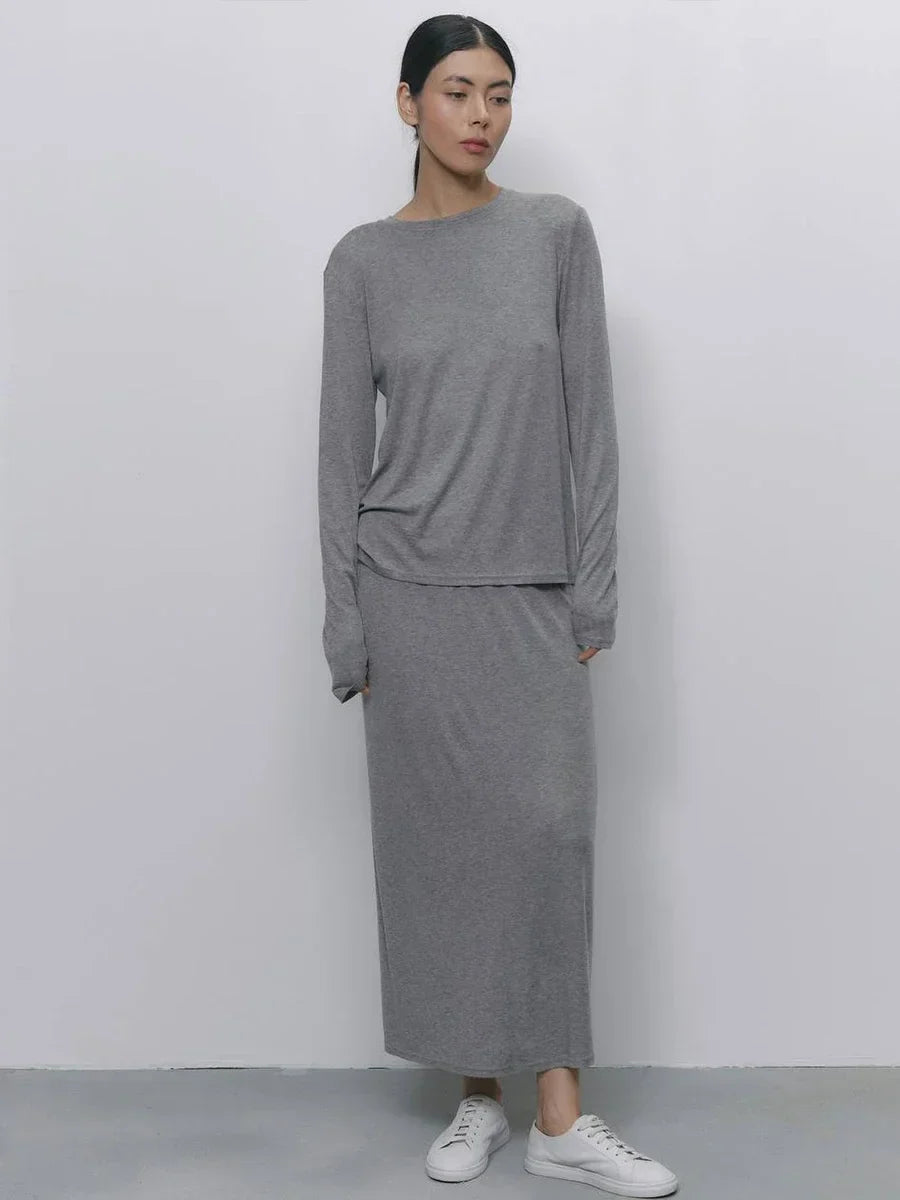 Hirsionsan Modal Soft Loose Sets Women 2026 Casual Two Pieces Long Sleeve T Shirts and High Waist Dresses Outfits Tracksuit