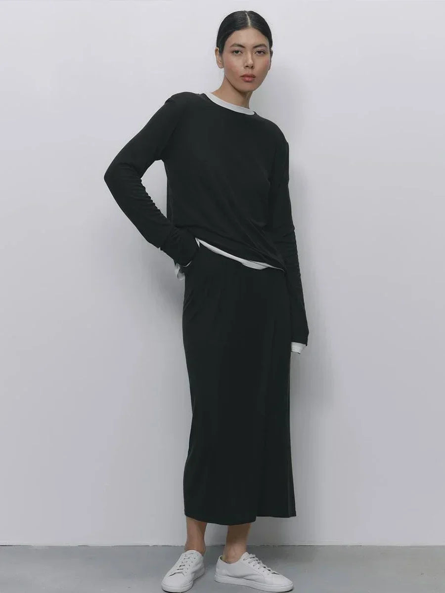 Hirsionsan Modal Soft Loose Sets Women 2026 Casual Two Pieces Long Sleeve T Shirts and High Waist Dresses Outfits Tracksuit