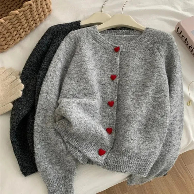Deep Grey Wool Knitted Cardigan For Women 2026 Autumn Winter Soft And Sticky Warm Love Buckle Shoulder Sleeves