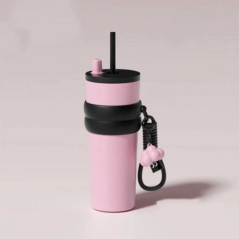 24oz Portability Tumbler with Handle Straw Lid Large Volume Stainless Steel Vacuum Insulated Cup Keep Cold Travel Mug