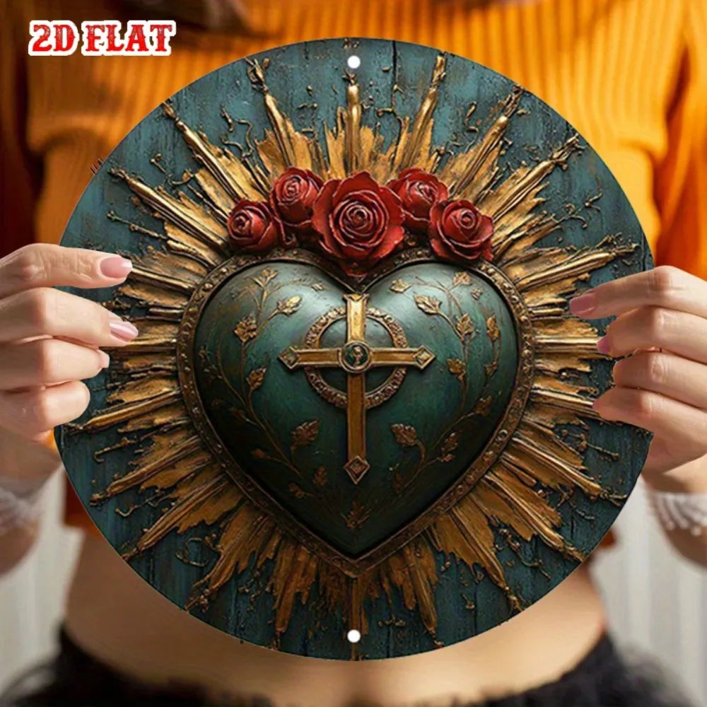 Religious Sacred Heart Round Aluminum Sign - 7.87
