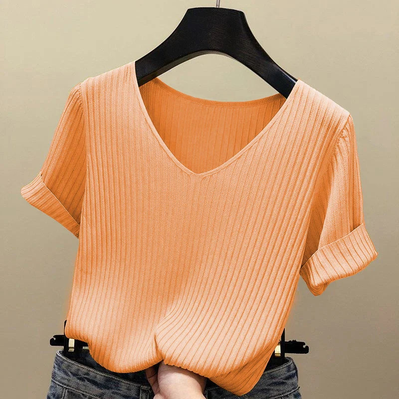 AOSSVIAO 2026 Basic V-neck Solid Thin Summer Women Pullover Female Thin Knitted Ribbed Sweater Slim Short Sleeve Bodycon Sweater