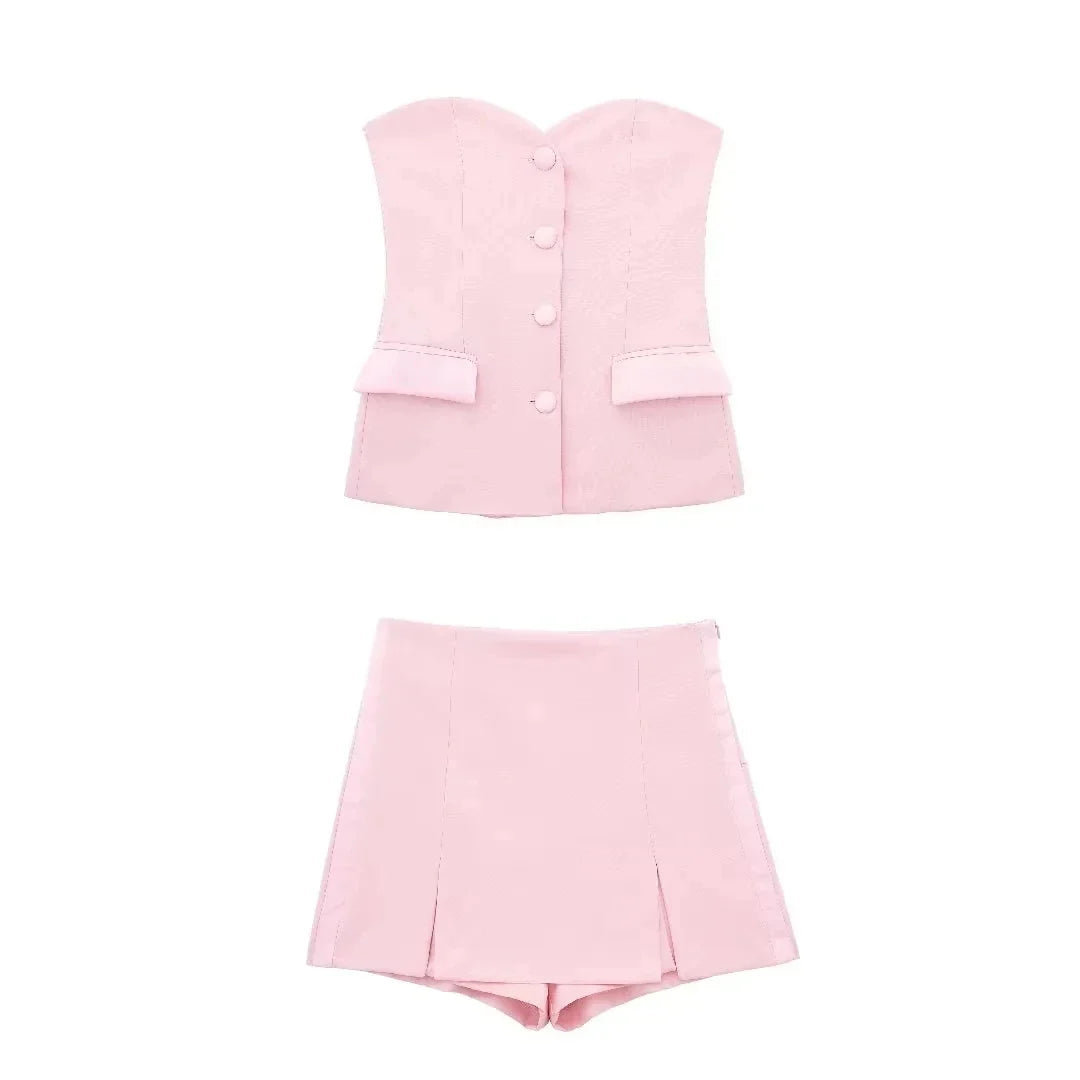 2024 Summer Fashion Woman Shorts Set Solid Chic Slim Tube Corset Top + Commuet Office Lady Wild Female Culottes Street