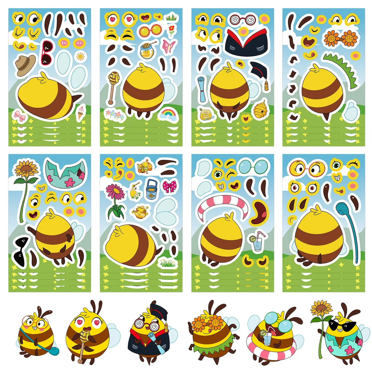 8/16/24PCS Toy Puzzle Stickers Cartoon Bee Expressions Make a Face Stickers DIY Handicrafts Waterproof Stickers