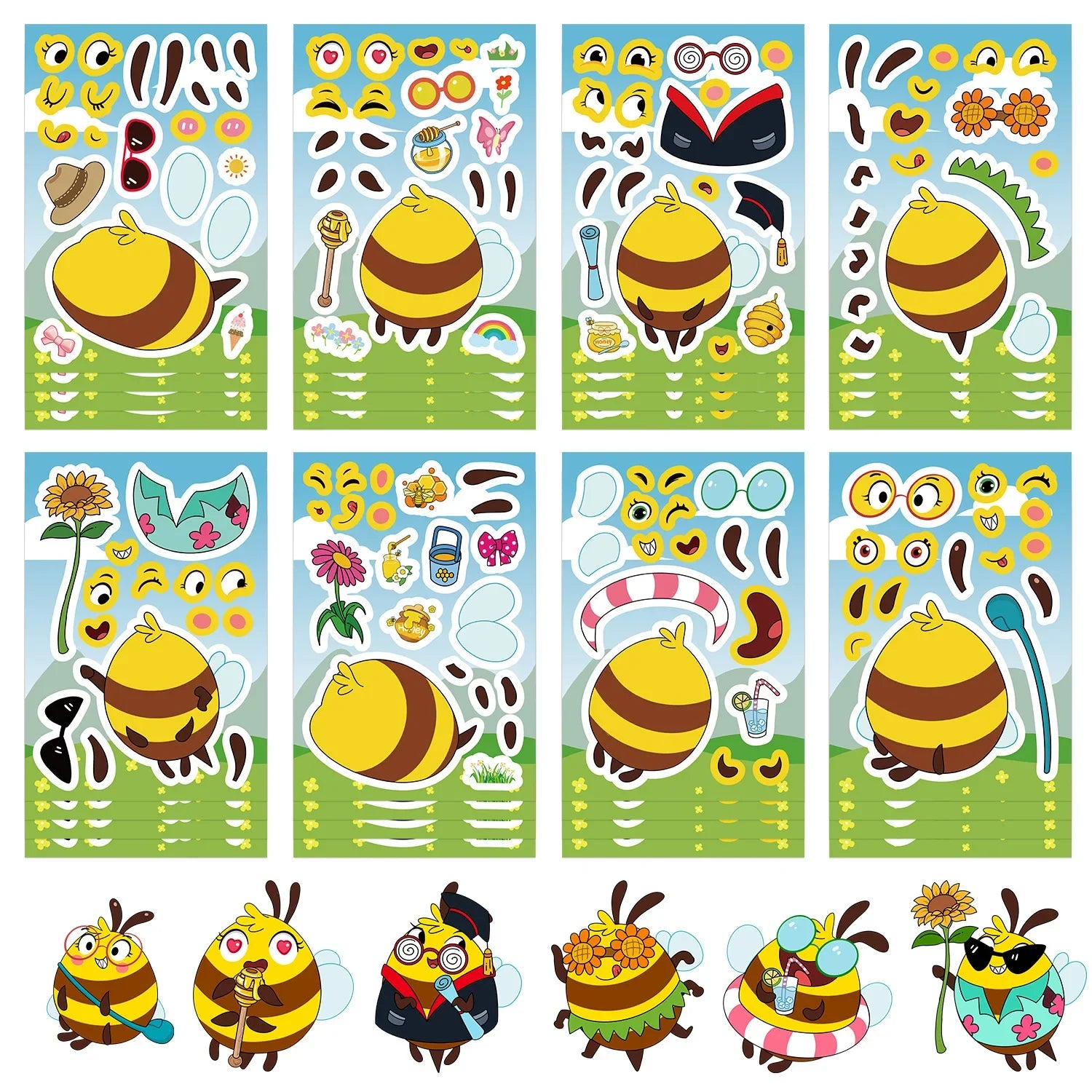 8/16/24PCS Toy Puzzle Stickers Cartoon Bee Expressions Make a Face Stickers DIY Handicrafts Waterproof Stickers