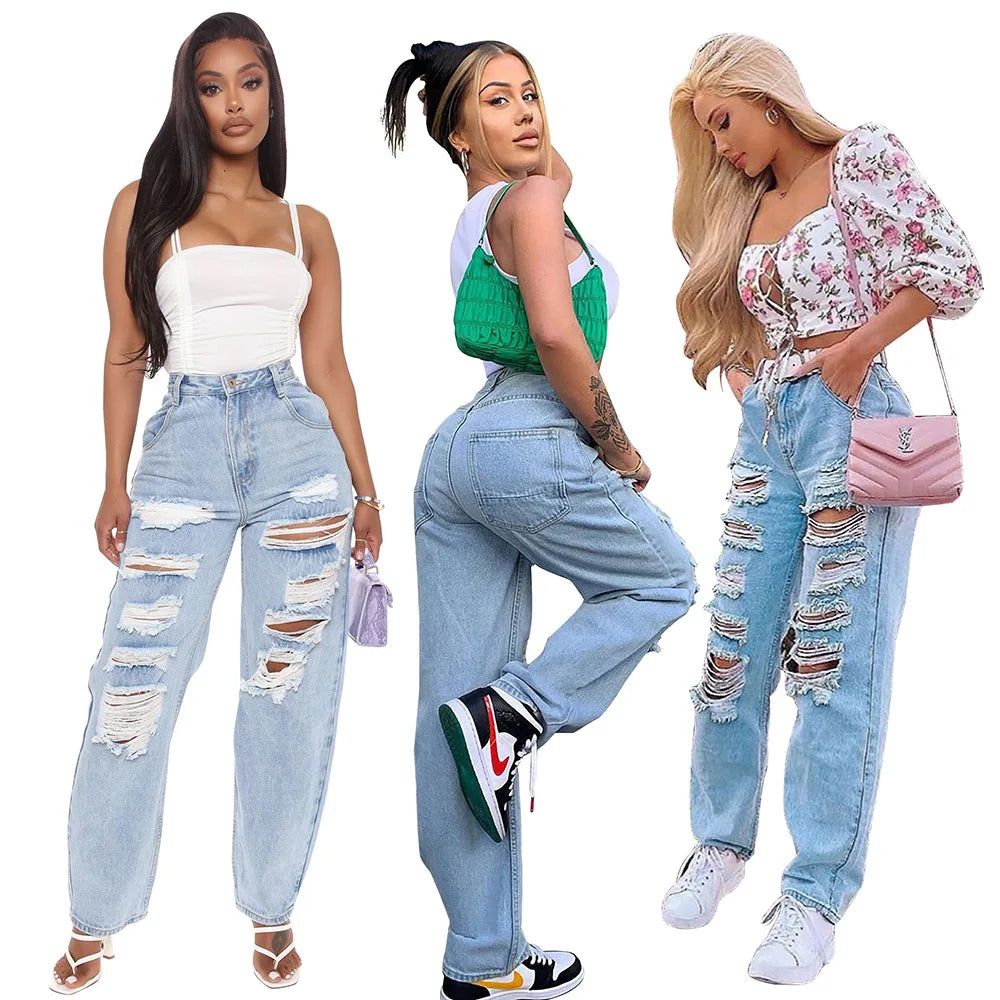Torn Denim Women's Pants Elastic Jean Spring  Women's Fashion Ripped Jeans Casual High Waist Straight Leg Trousers