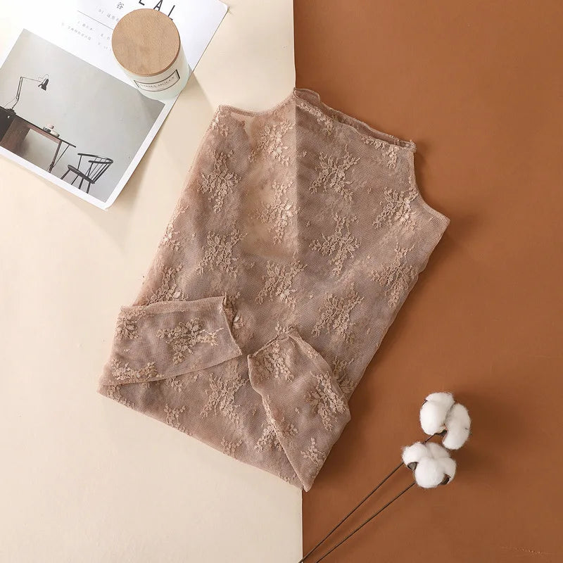 Sexy Women Mesh T-Shirts Transparent Lace Blouse Long Sleeve See Through Tops For Women Bottoming Shirt Sheer Tees Body Crop Top