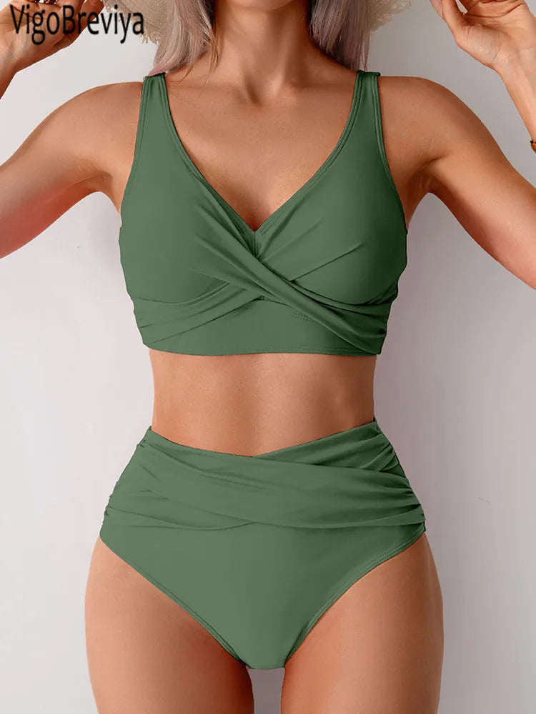 VigoBreviya 2026 Sexy Solid Strapped Swimwear Women Cross Push Up Bikini Set Brazilian Lady Swimsuit High Waist Beach Bath Suit