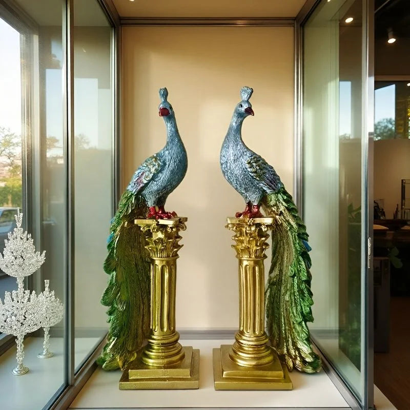 A pair of exquisite peacock ornaments standing on Roman columns add an artistic touch to the home.