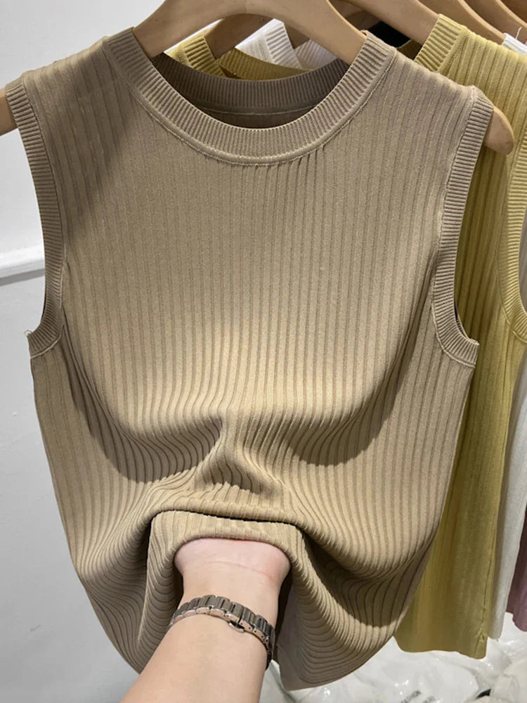 Korea Knitted Vests Women Top V-neck Solid Tank Blusas Mujer De Moda 2026 Summer New Fashion Female Sleeveless Casual Thin Tops
