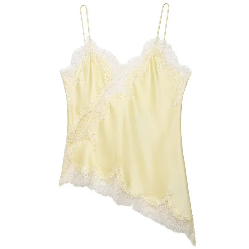 HXAO Y2K Asymmetrical Slip Lace Top Women Sexy Tanks & Camis Satin Off Shoulder Sleeveless Backless Tops Street Style Camisoles