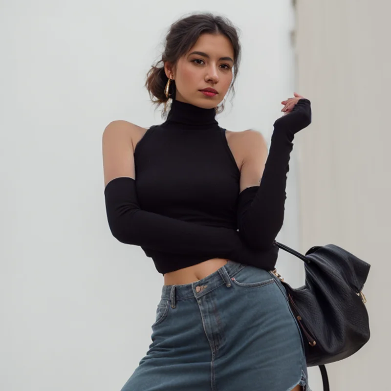 Woman Clothes Fall 2025 Tank Top Sleeve Cover Sleevless Side Pleats Turtleneck T-shirt  Sexy Ribbed Knitted Tops Y2k 2529