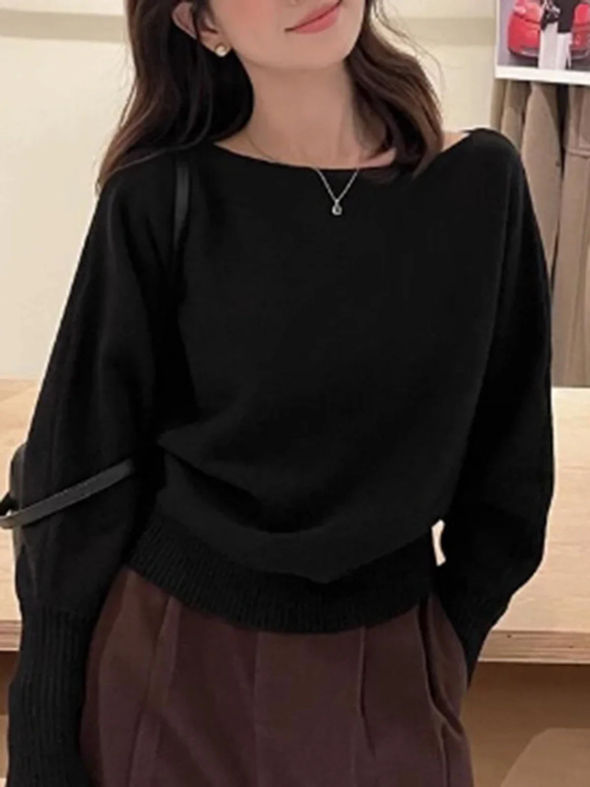Off Shoulder Knit Top for Women Slash Neck Rib-knit Batwing Sleeve Sweater Pullovers Autumn Winter Korean Fashion Outfit