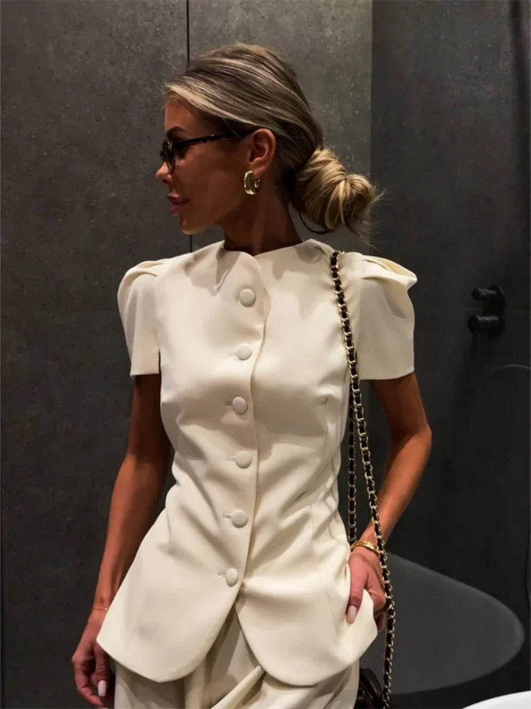 Women's Frog Button Puff Sleeve Shirt Trousers Set O-neck Leg-binding Lantern Pants Suits Lady 2026 Spring Summer Female Outfits
