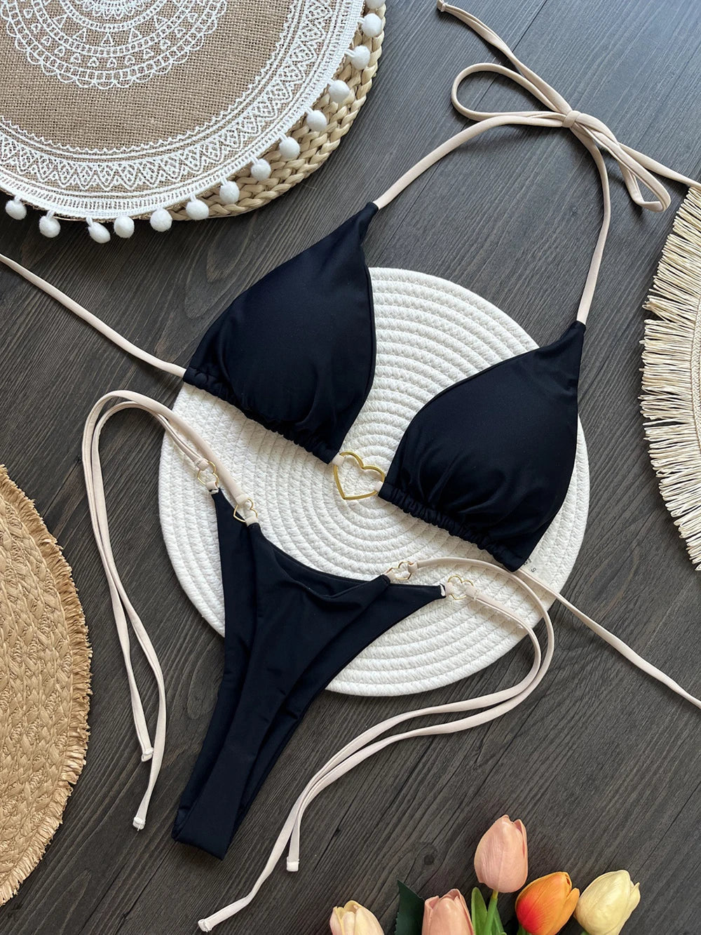 Sexy Halter Solid Color Low Waist Bikini Set Women's Swimsuit Two-piece Triangle Thong Swimwear Bathing Suit Brazilian Biquinis