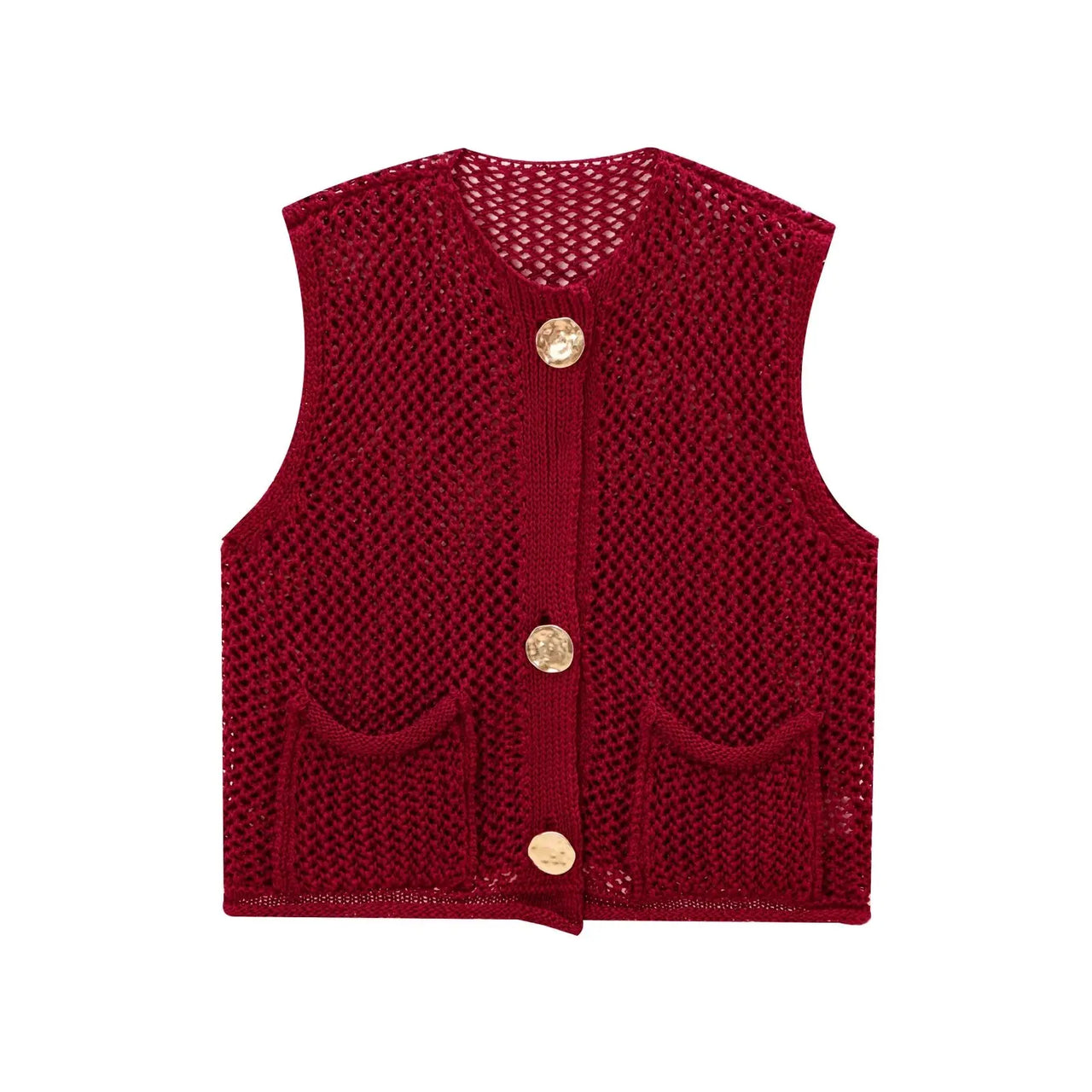 Women Fashion Sleeveless Coarse Needle Knitting Vest Sweater Female Chic Big Pockets Patch Buttons Cardigan Waistcoat Tops