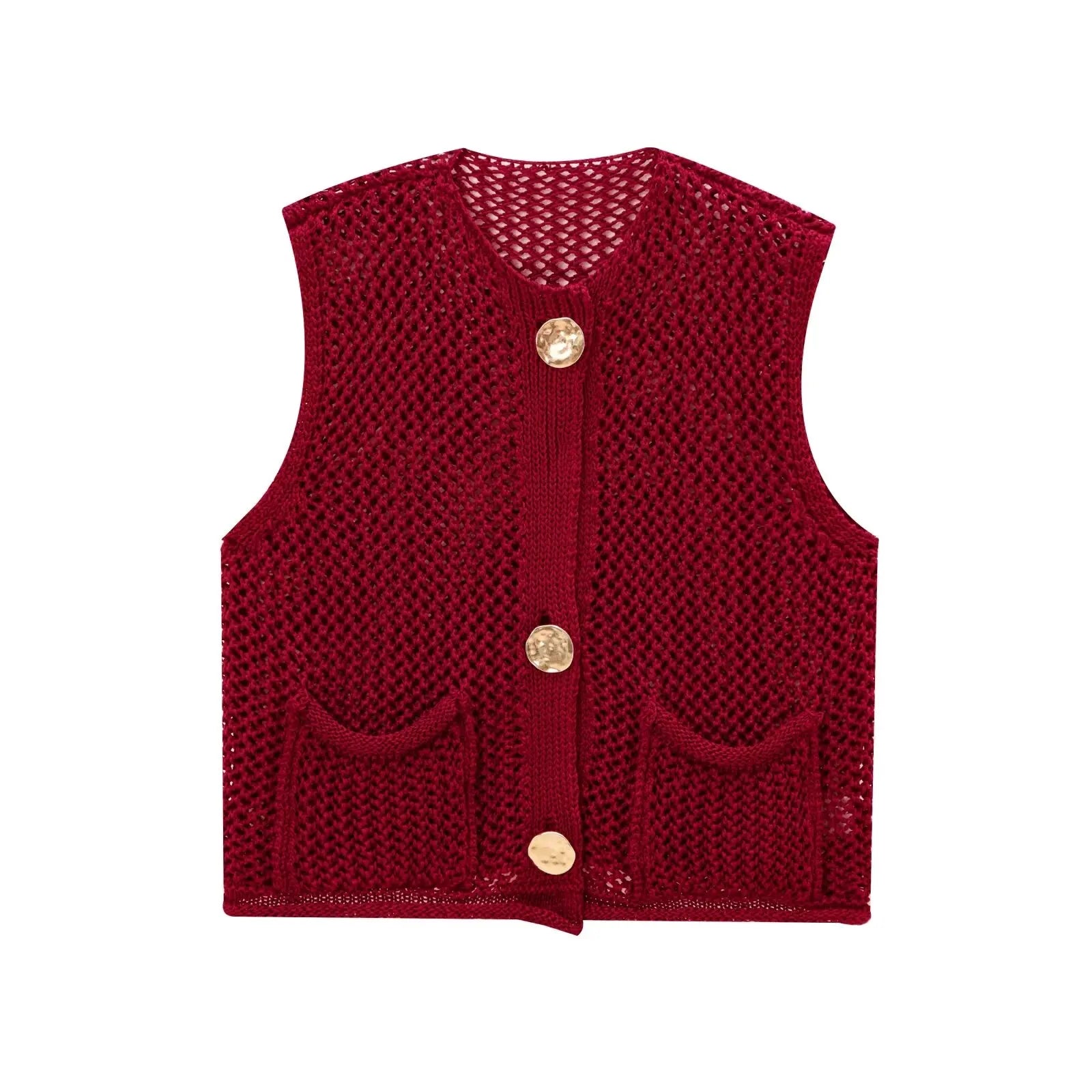 Women Fashion Sleeveless Coarse Needle Knitting Vest Sweater Female Chic Big Pockets Patch Buttons Cardigan Waistcoat Tops