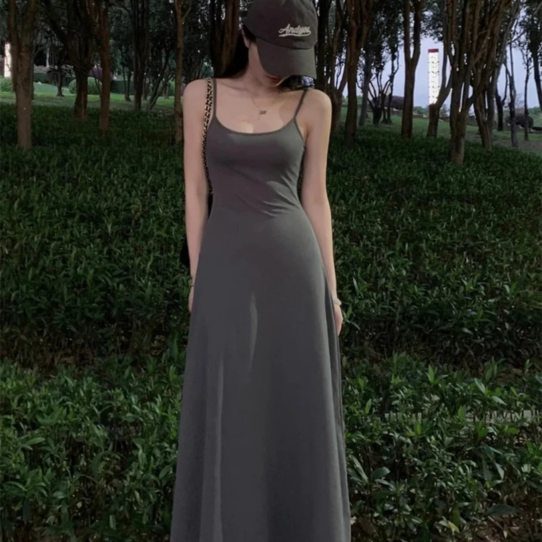Summer new fashion simple temperament sling long backless slim waist sexy sweet hot girl casual dress women's clothing