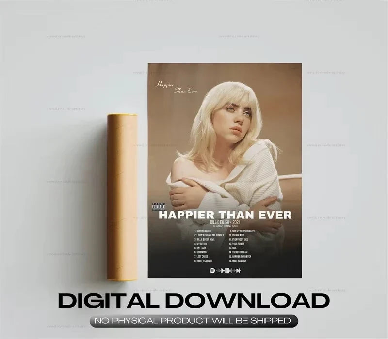 Rap Music Album Cover Happier Than Ever Poster Aesthetic Rapper Hip Hop Rock Canvas Wall Art Ideal for Room Decor