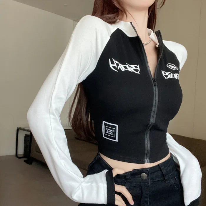 Retro Biker Half-High Collar Short-Length Zipper Jacket Y2K Spice Girl Slim-Fit Color-Blocked High-Waisted Long-Sleeve T-Shirt