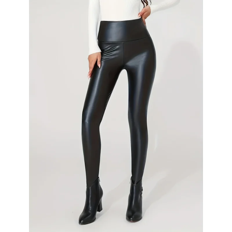High-Waist Faux Leather Pants Yoga Casual Trousers High Elasticity Four-Season Wearable Long Pants Base Layer Pants