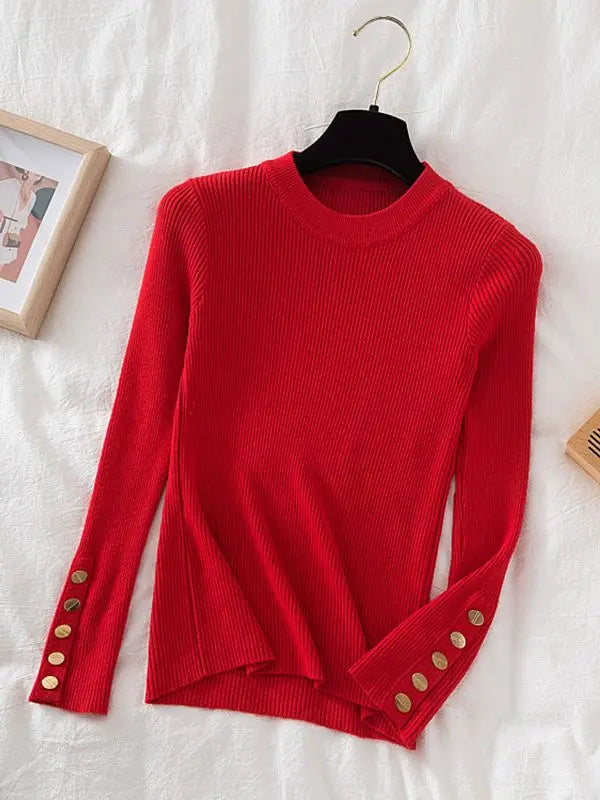 2026 women thick sweater pullovers khaki casual autumn winter button o-neck chic sweater female slim knit top soft jumper tops