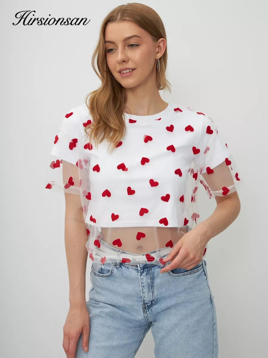 Hirsionsan Heart  Mesh Patchwork Vintage T Shirt Streetwear Aesthetic Chic T Shirt Women Casual Cotton Short Sleeve Tops Y2k