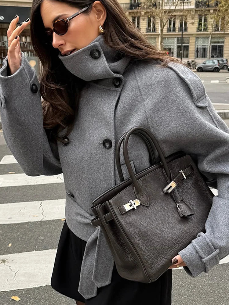 Women Turtleneck Grey Woolen Cropped Coat Chic High Collar Double Breasted Pocket Lace Up Short Overcoat Lady Daily Street Coats