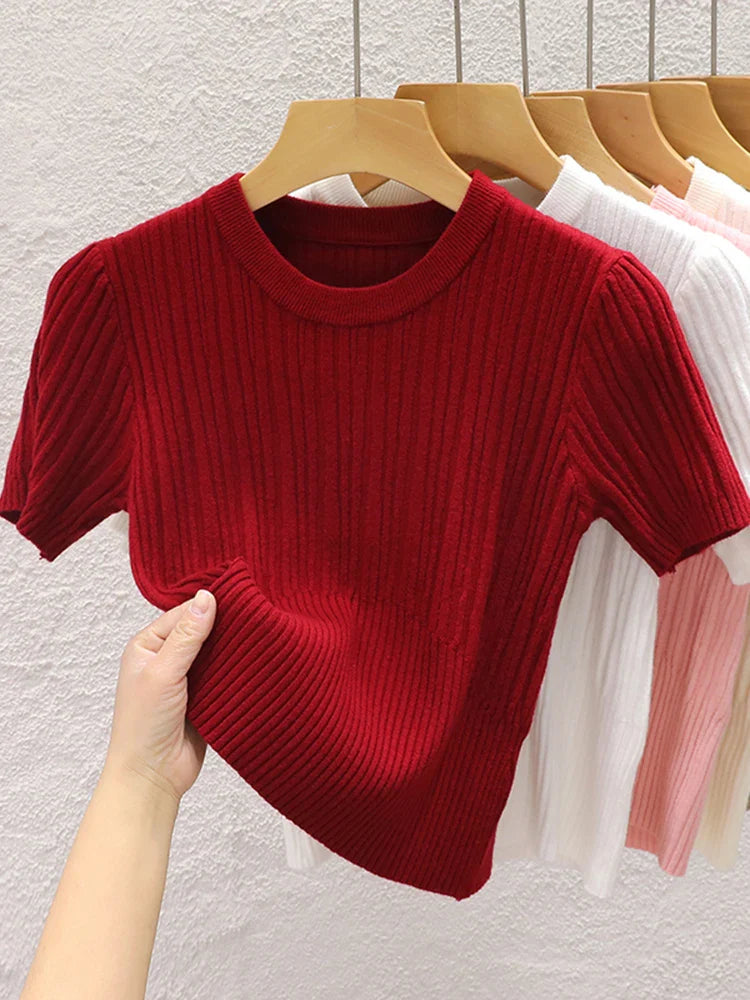 2026 Summer T shirts for Women Casual Female Korean Knit Streetwear Tees Basic Solid Young Cool Tops