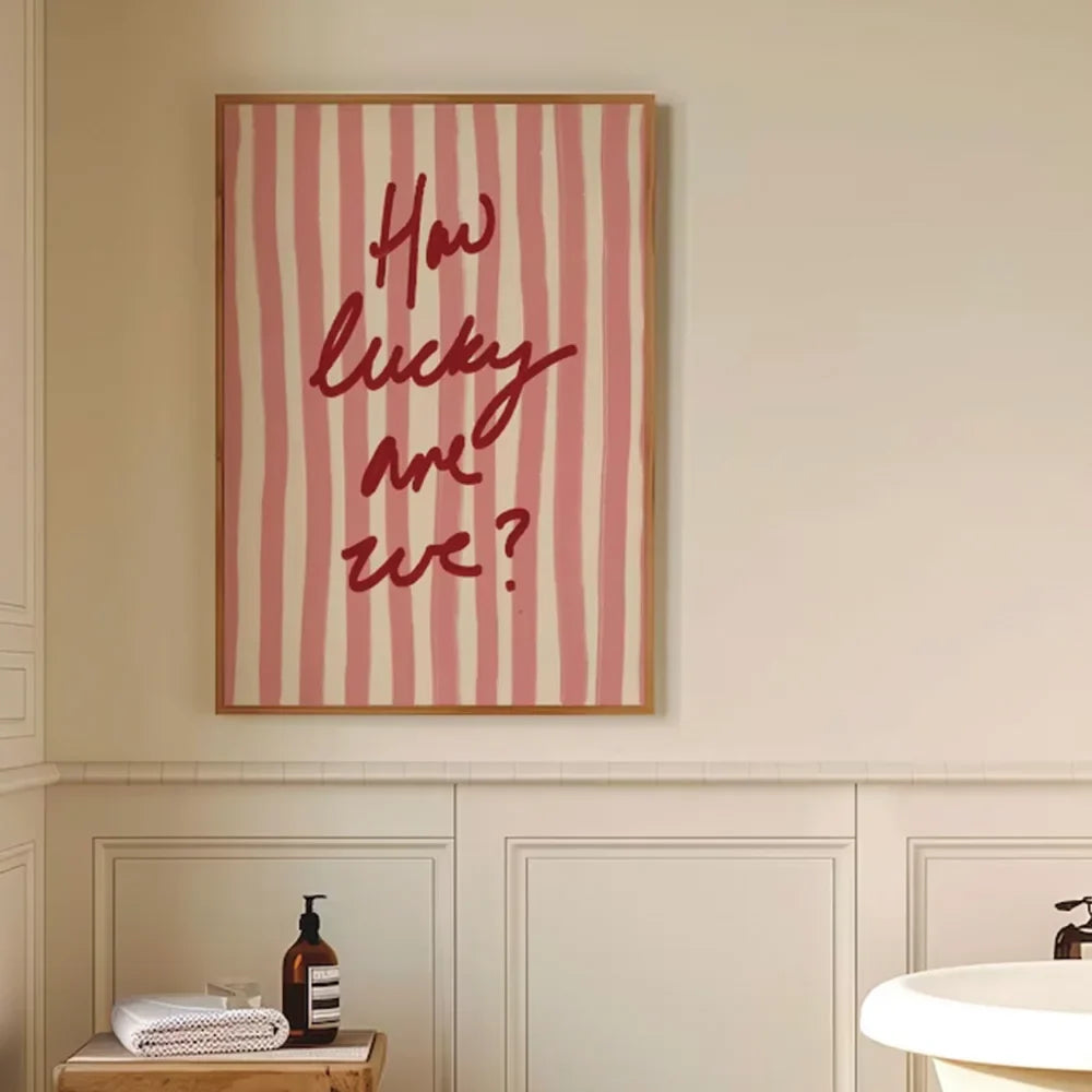 How Lucky Are We Pink Red Stripe Wall Art Prints Canvas Painting Poster Picture For Living Bedroom Dining Room Home Decor