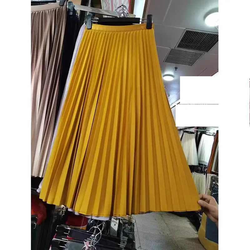 2026 Elegant High Waist Pleated Skirt for Women Mid-long Midi Skirt Female High Quality Black Saia
