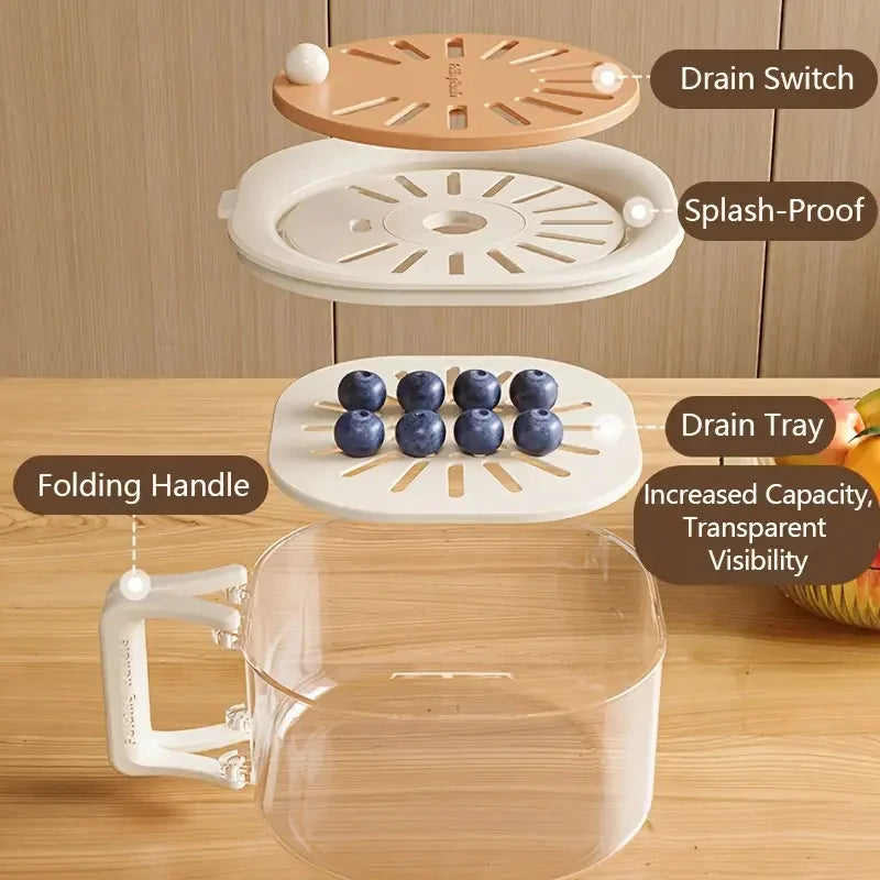 2-in-1 Double Layer Drain Basket Fruit Drainer Container with Foldable Handle Food Strainer Thickened Fruit Plate Easy to Clean
