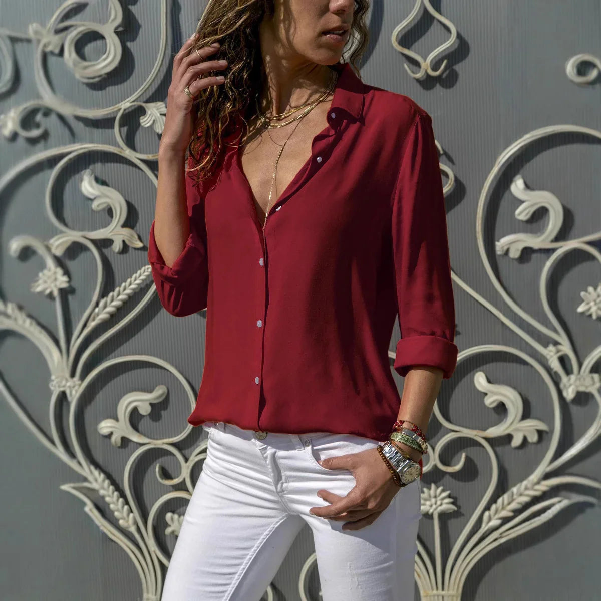 Women's summer outdoor long-sleeved lapel solid color versatile shirt fashion casual ladies single-breasted cardigan tops