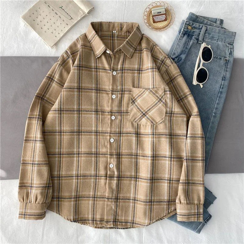 Xpqbb Vintage Women Plaid Shirts Autumn Long Sleeve Oversize Button Up Blouses Female Streetwear Loose Casual Shirts Femme Coat