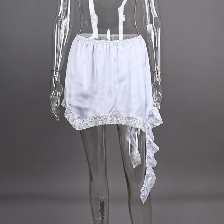 Linad Sexy Lace White Asymmetrical Midi Skirts Street Chic Satin High Waist Slim Skirt Summer Casual Solid Skirt Female 2025