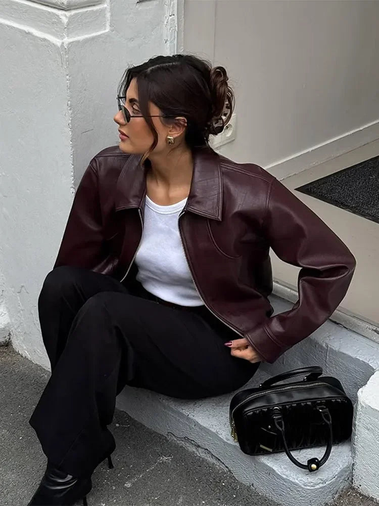 Full Sleeve Cropped Wine Red Leather Jacket Women Casual Slim Thin Pu Motorcycle Coat Zipper Lapel Lady New Highstreet Outwear