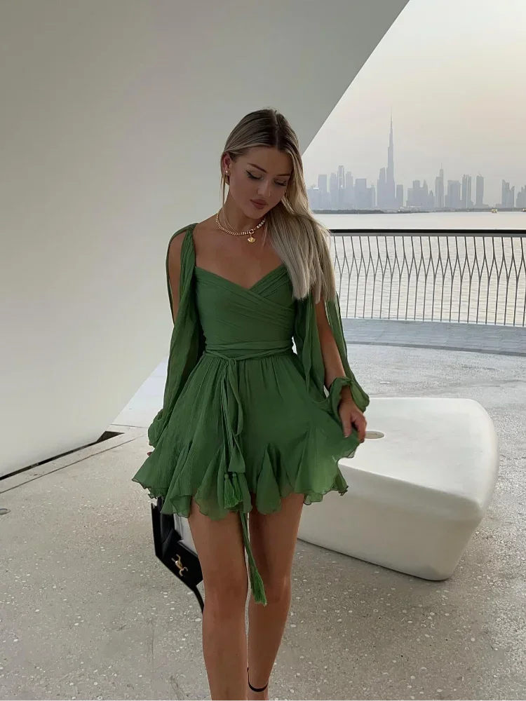 Irregular Mesh Split Long Sleeve Dress Sexy Green Lace Up Pleated Hem High Waist Vestido Summer Lady Vacation Beach Gowns 2025