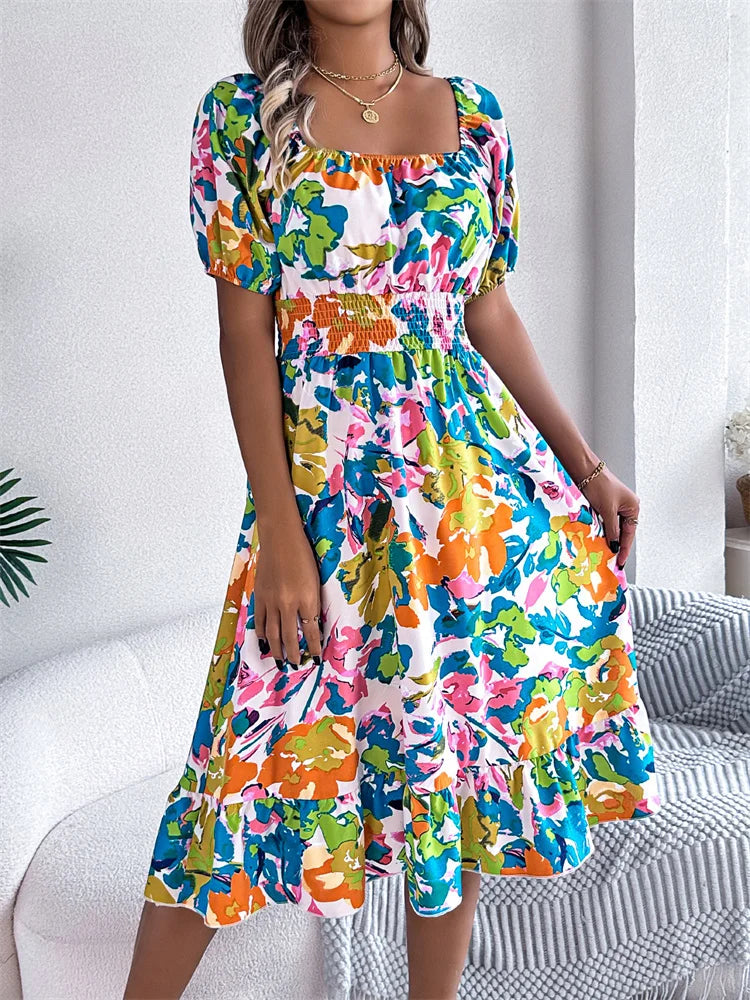 Msfilia Leisure Square Collar Spring Summer Dress Women Short Sleeve Loose Waist Design Lotus Leaf A-shaped Print Dress