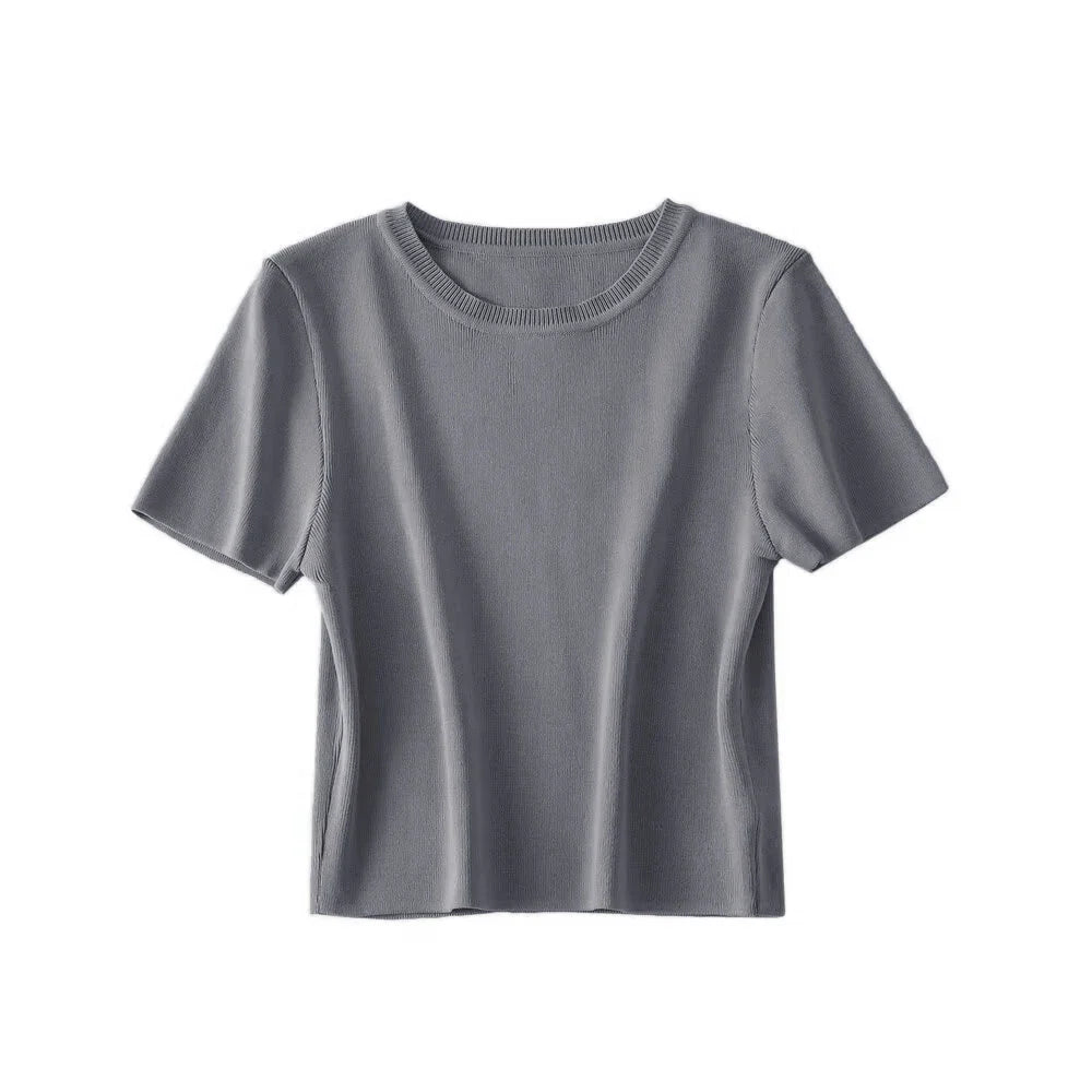 Women Fashion Striped Basic Cropped Knit Sweater Vintage O Neck Short Sleeve Female Pullovers Chic Tops