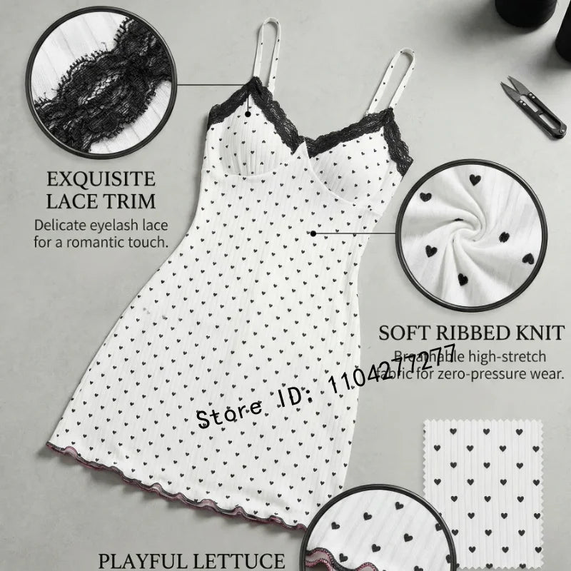 Women's Heart Print Lace Trim Camisole Nightdress,Sleeveless V-Neck Slim Fit Sexy Sleep Dress For Summer Daily Loungewear