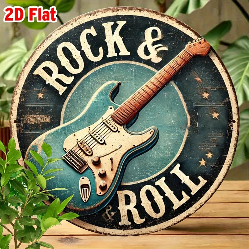 2D FLAT 1pc, Round Rock & Roll Guitar Themed Aluminum Metal Tin Sign, Foil Engraved Wall Art Decor for Home & Office