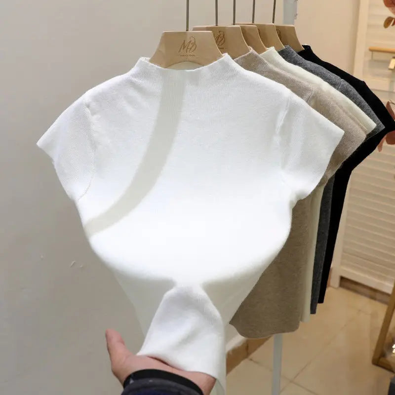 2026 Basic Turtleneck Solid Thin Summer Pullover Women Female Knitted Sweater Slim Short Sleeve Bodycon Sweater