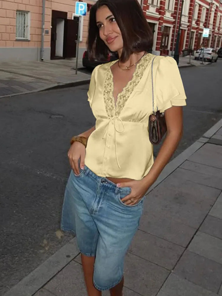 Ahagaga Causal Women Tops Solid Lace -Neck Short Sleeves Satin Slim Button Regular Eelgant Streetwear Tees Female Basic T Shirts