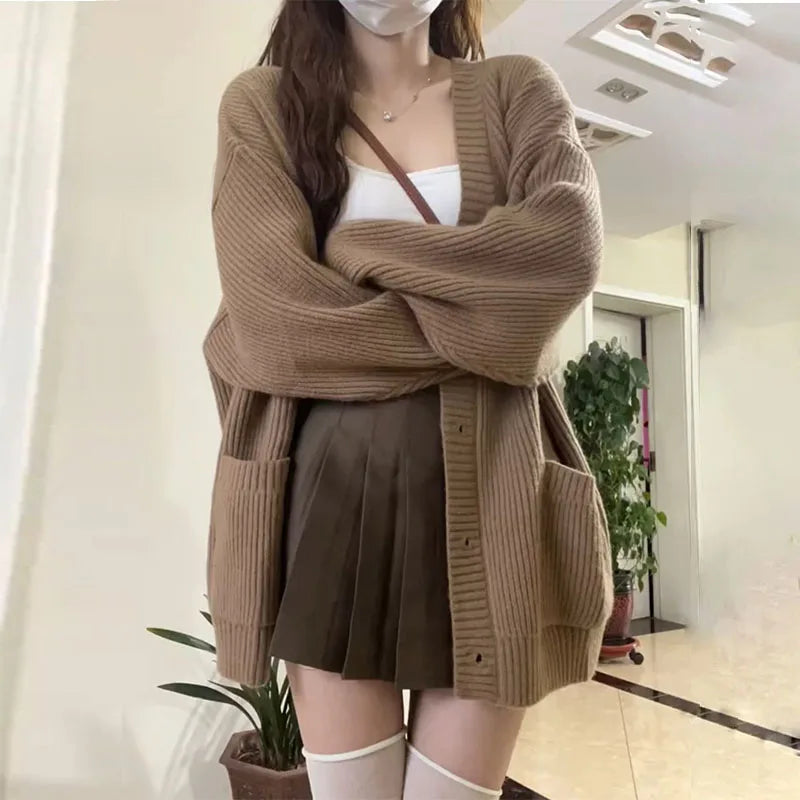 Korean version V-collar lazy wind cardigan Japanese department simple sweater female spring and autumn winter casual loose knit